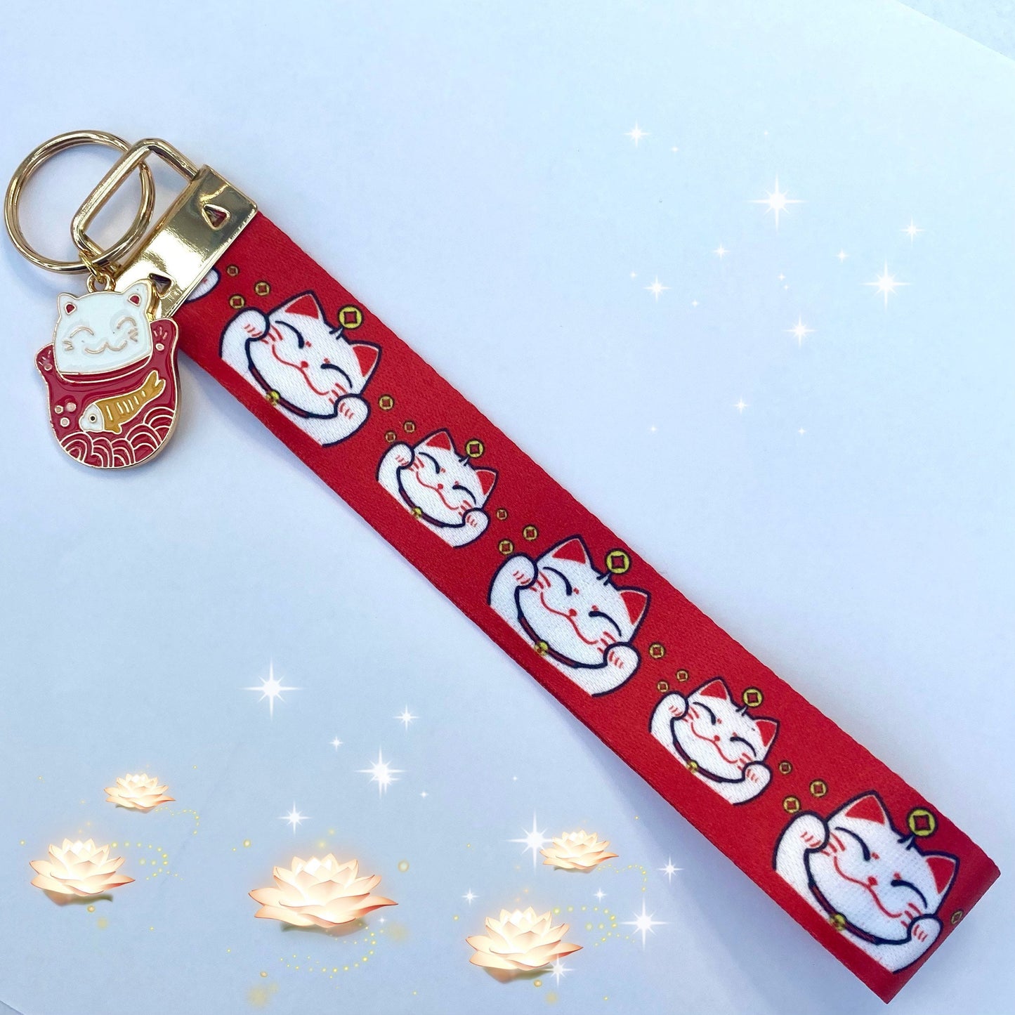 Maneki neko keyfob waving lucky cat keychain key strap