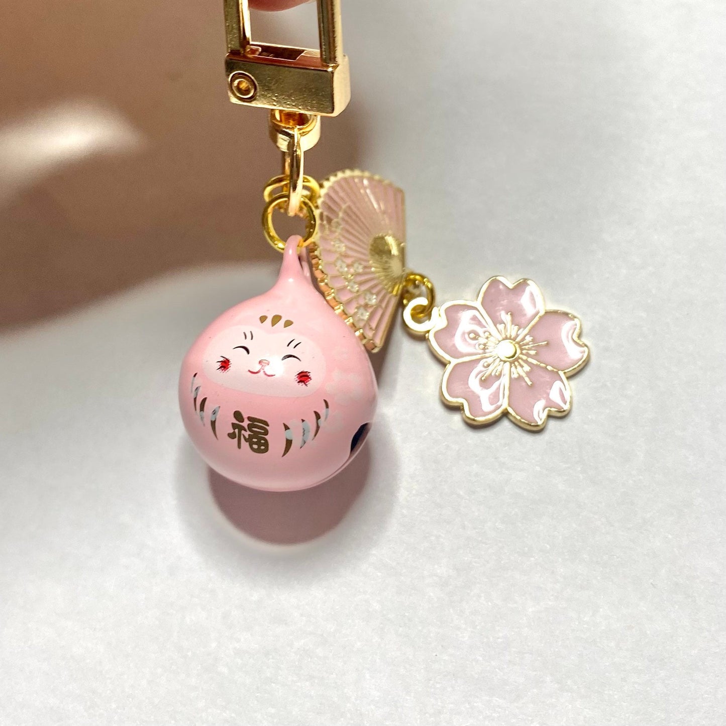 Maneki Neko pink bell Keyring phone charm lucky waving cat with fan sakura charms