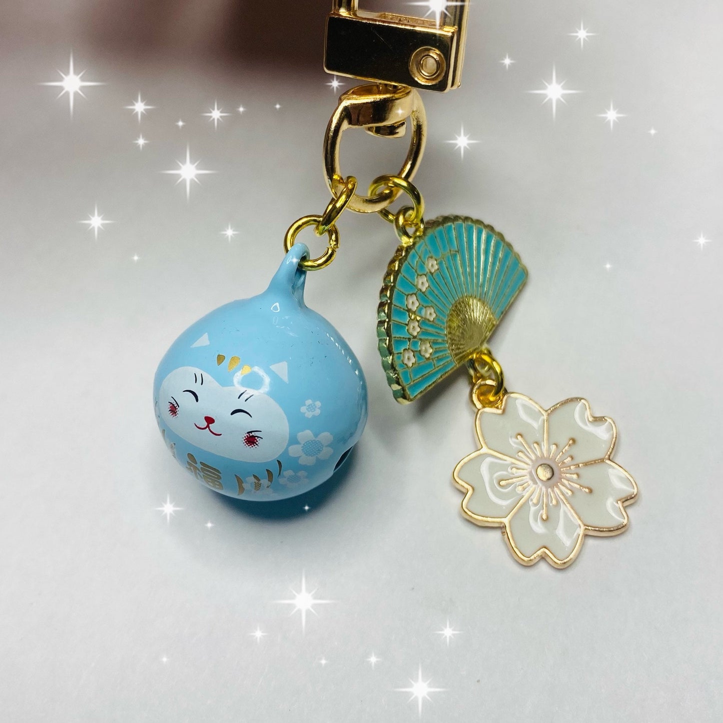 Phone charm lucky waving cat bell keyring keychain maneki neko sakura flower