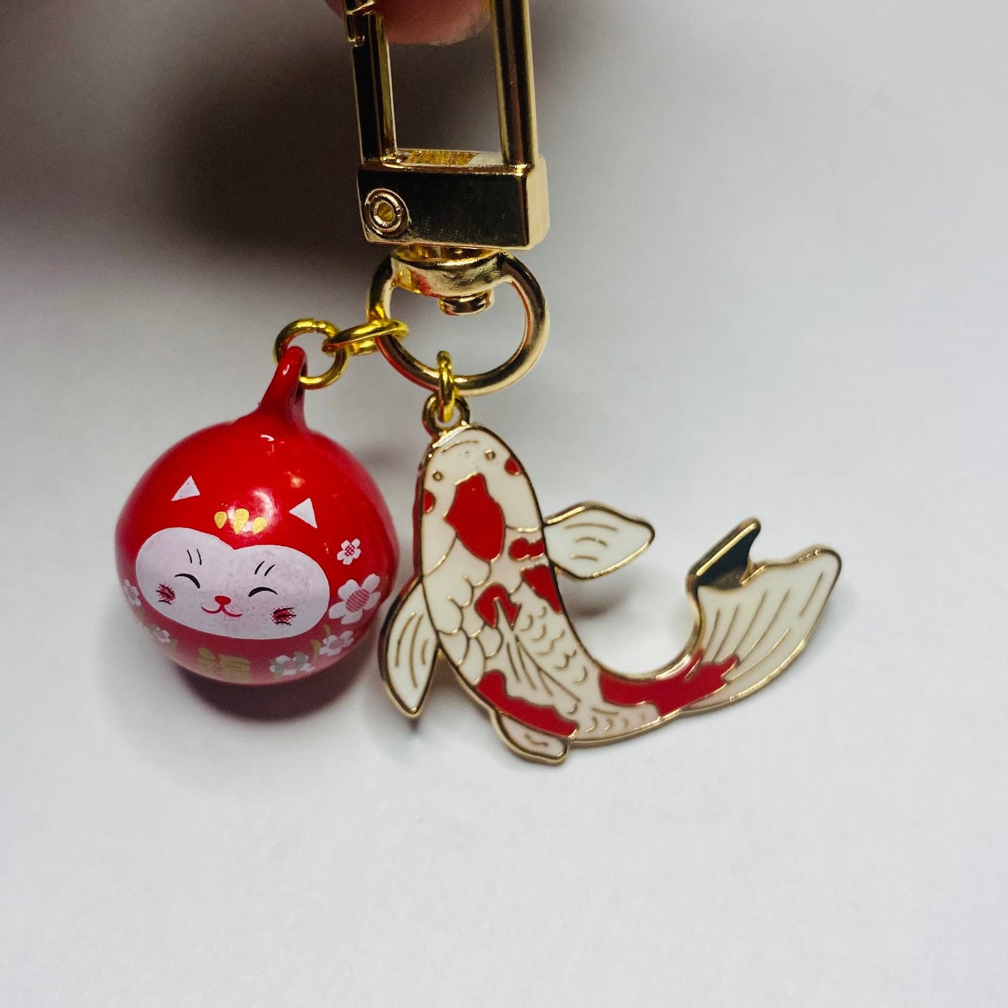 Maneki Neko red bell Keyring phone charm lucky waving cat with fan sakura charms