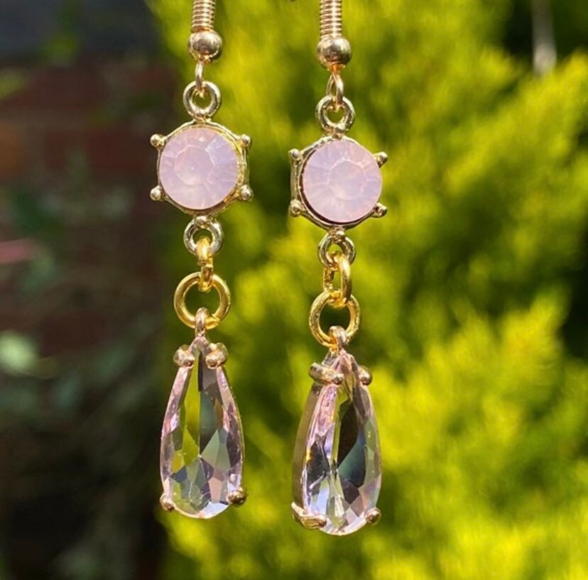 kawaii pink glass gemstone earrings dangle drop prom gold hook 