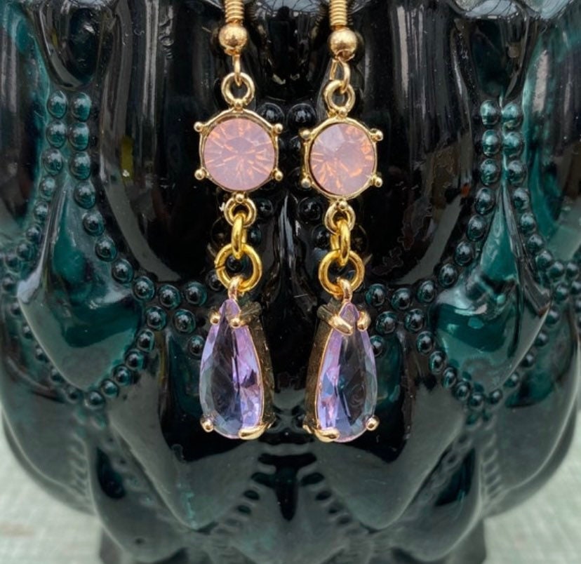 kawaii pink glass gemstone earrings dangle drop gold hook 