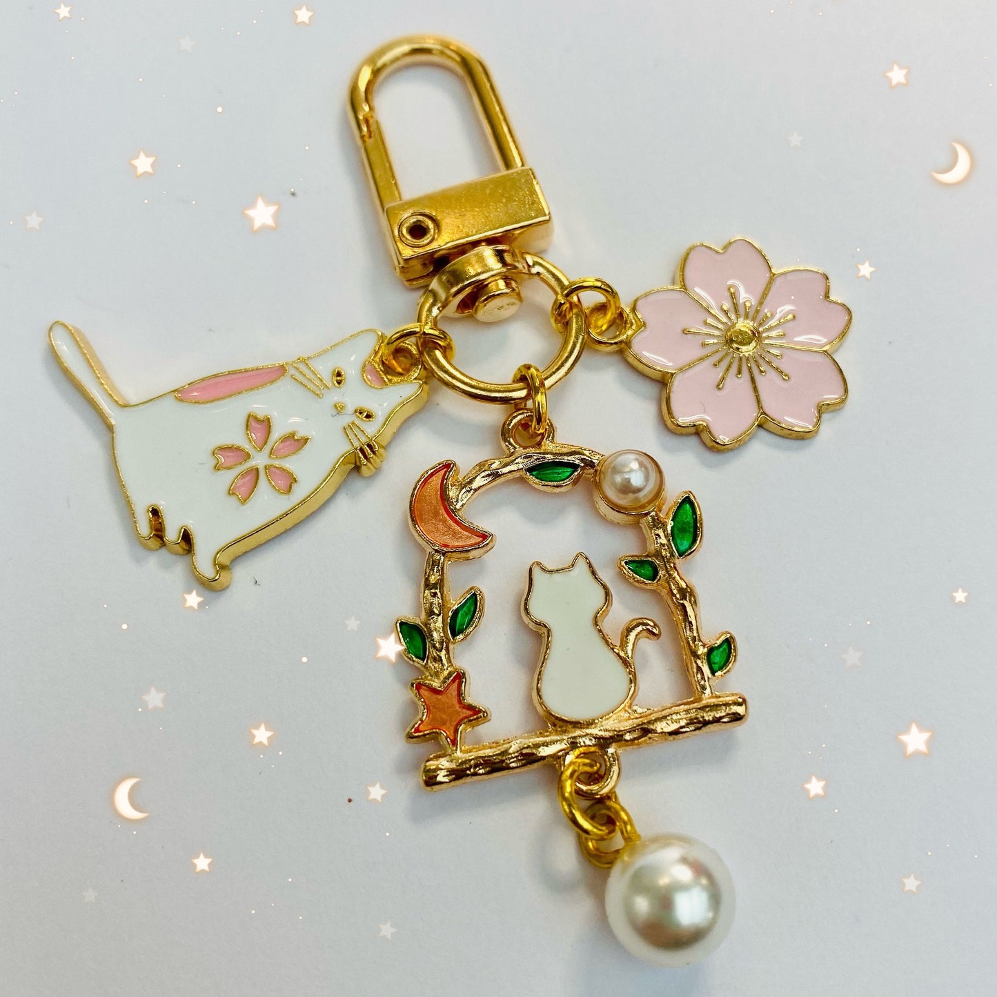 Kawaii Sakura anime keyring moon cat  phone tech charm ear bud keychain student decoration