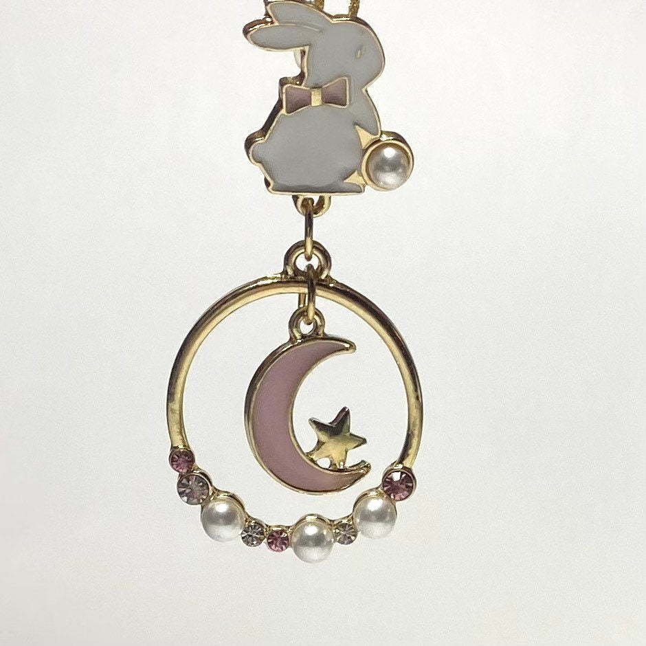 Kawaii white anime bunny pink circle moon star earrings stud asymmetric