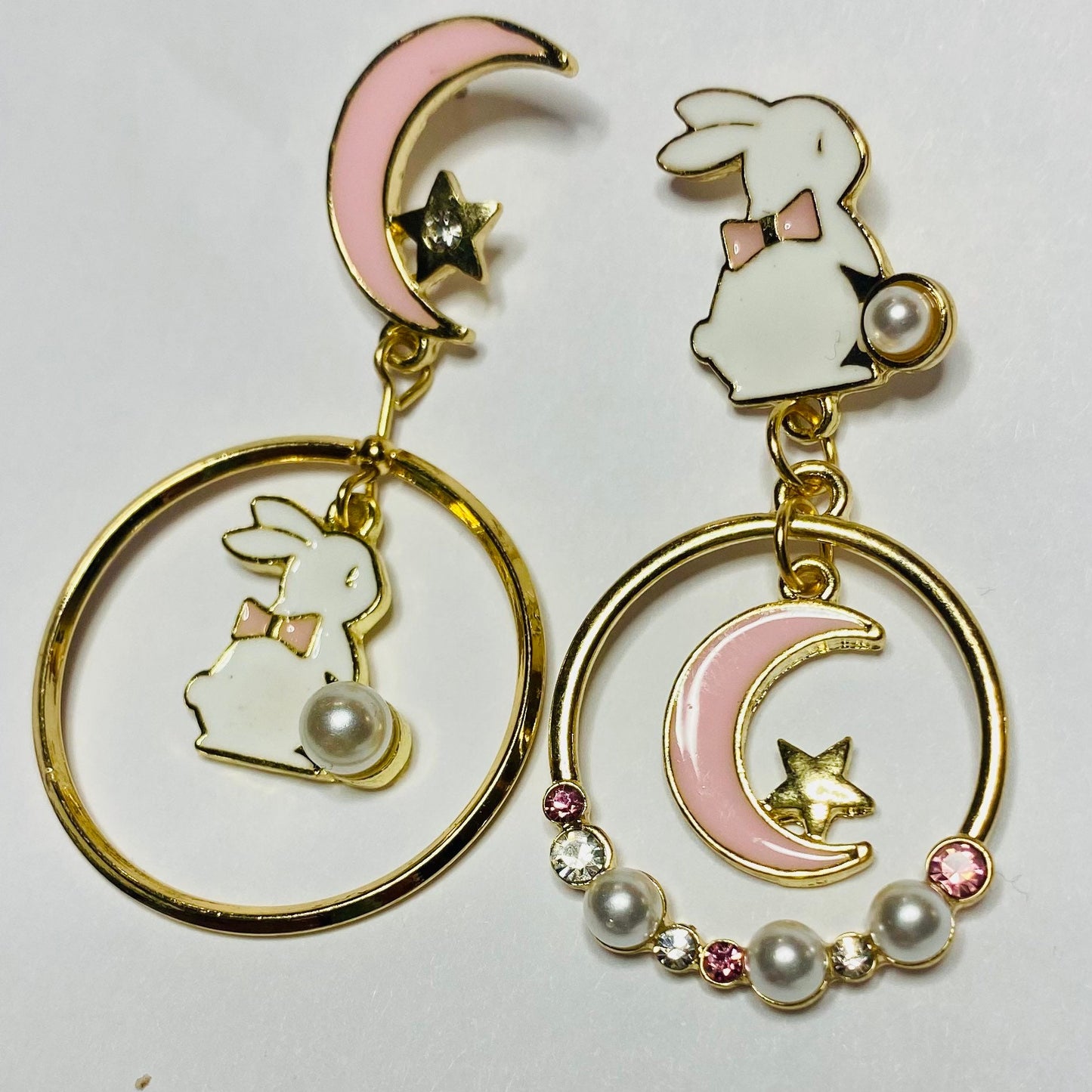 Kawaii white anime bunny pink circle moon star earrings stud asymmetric