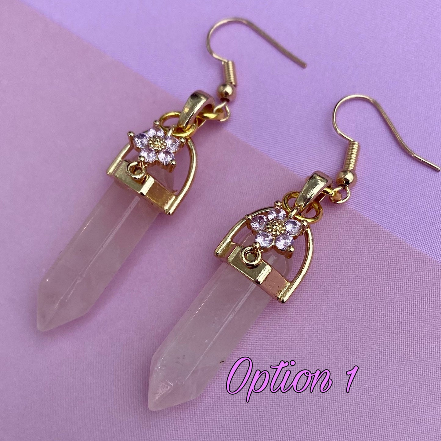 Rose crystal healing stone earrings  pillar with flower crystal gemstone gold chain