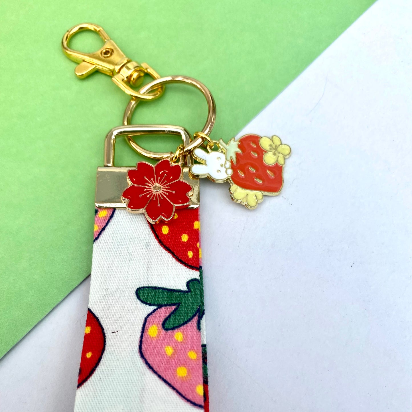 Japanese Strawberry bunny keychain short wrist strap keyfob  lanyard