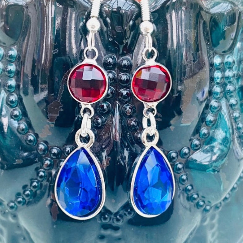 Anime style blue red gem howls earrings dangle drop silver hooks  