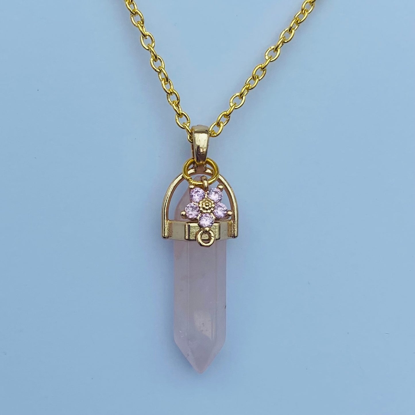 Rose crystal healing stone necklace pillar with flower crystal gemstone gold chain