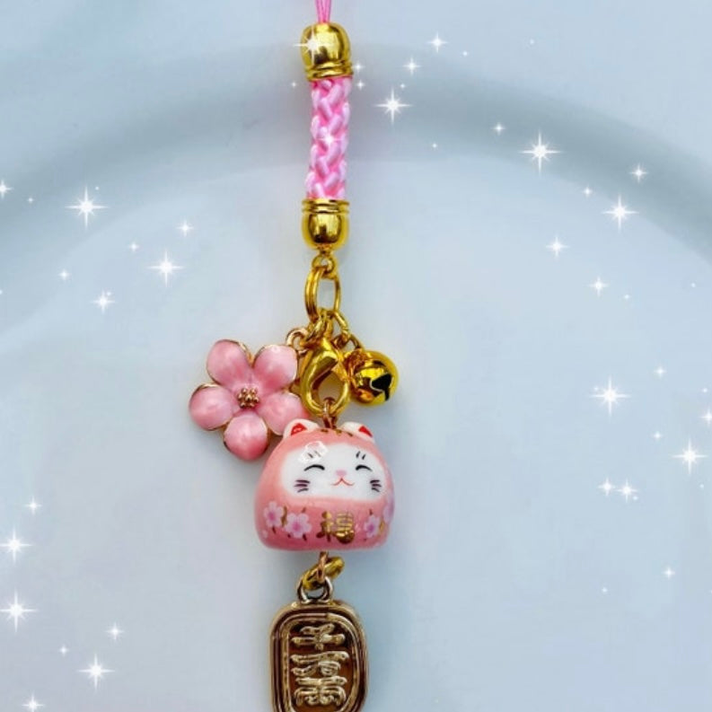 Maneki neko Phone charm lucky waving cat ear bud tie with sakura flower