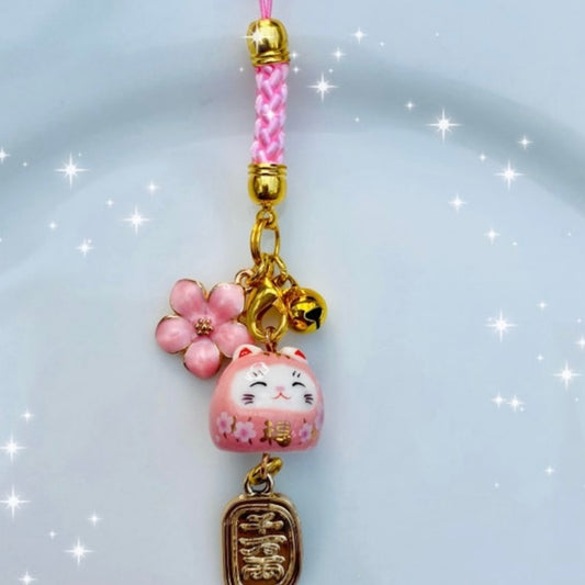 Maneki neko Phone charm lucky waving cat ear bud tie with sakura flower