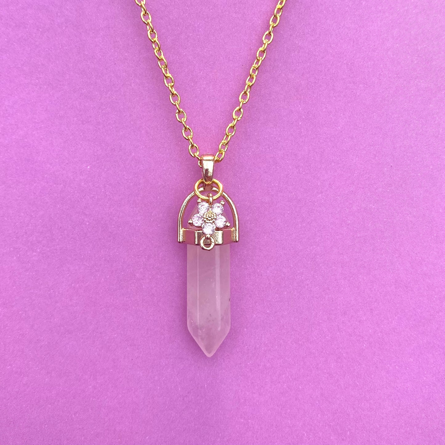 Rose crystal healing stone necklace pillar with flower crystal gemstone gold chain