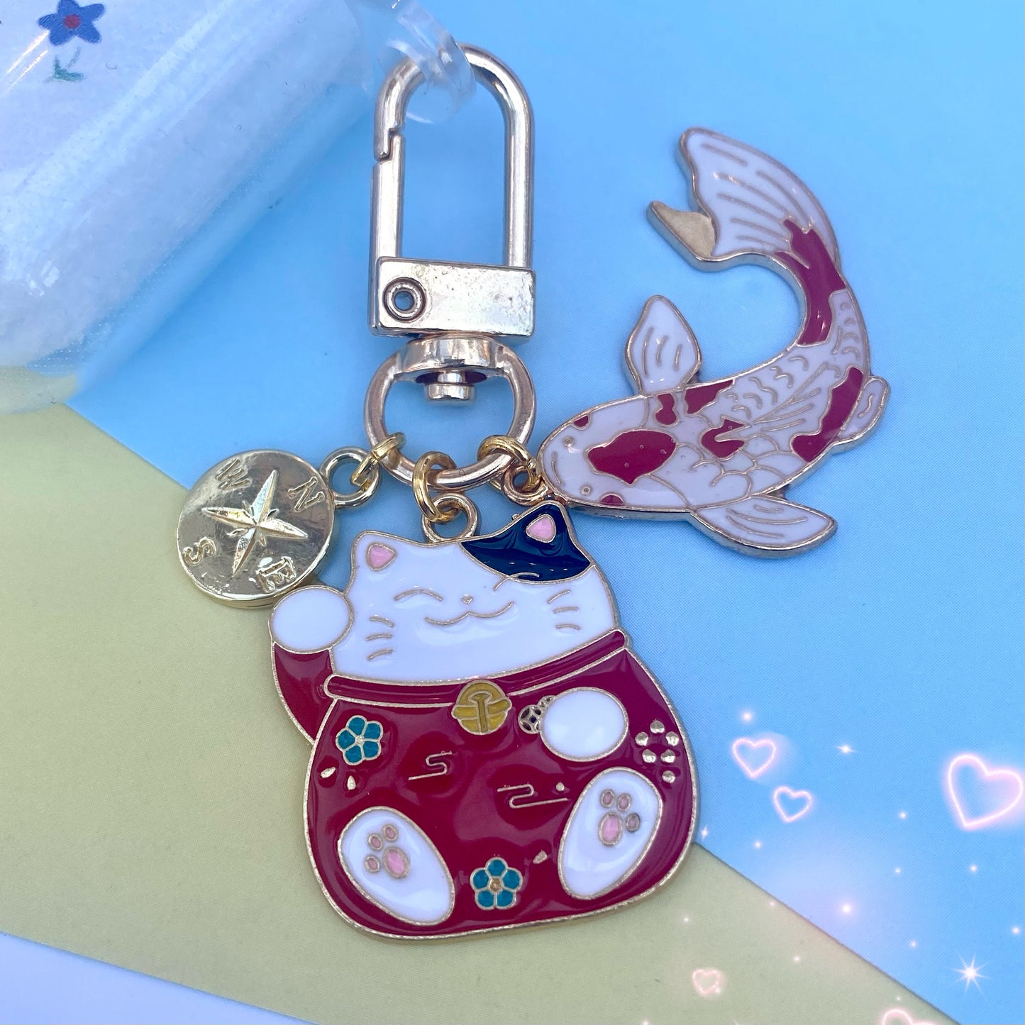 Lucky waving maneki neko Chinese cat koi fish keyring travel safety charm anime moon cat keychain