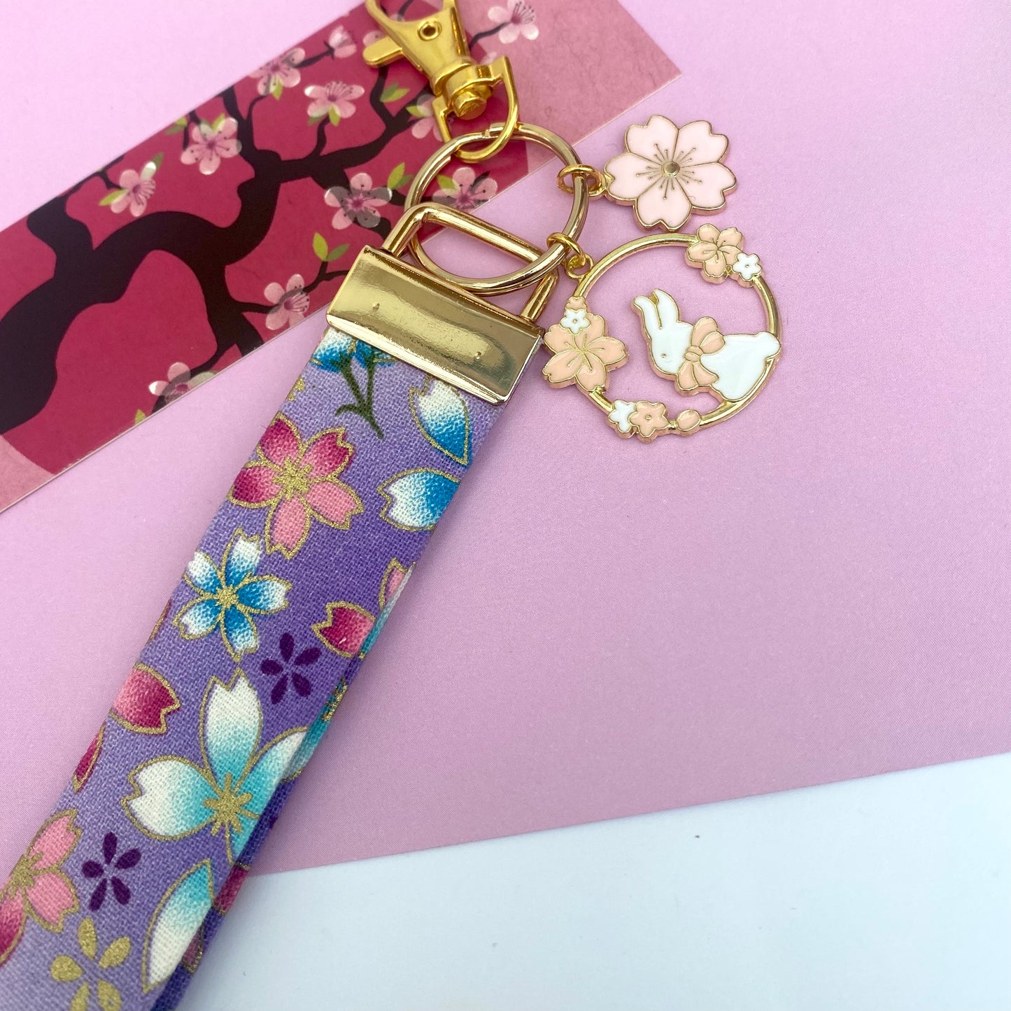 Japanese style sakura anime bunny key fob keychain lanyard