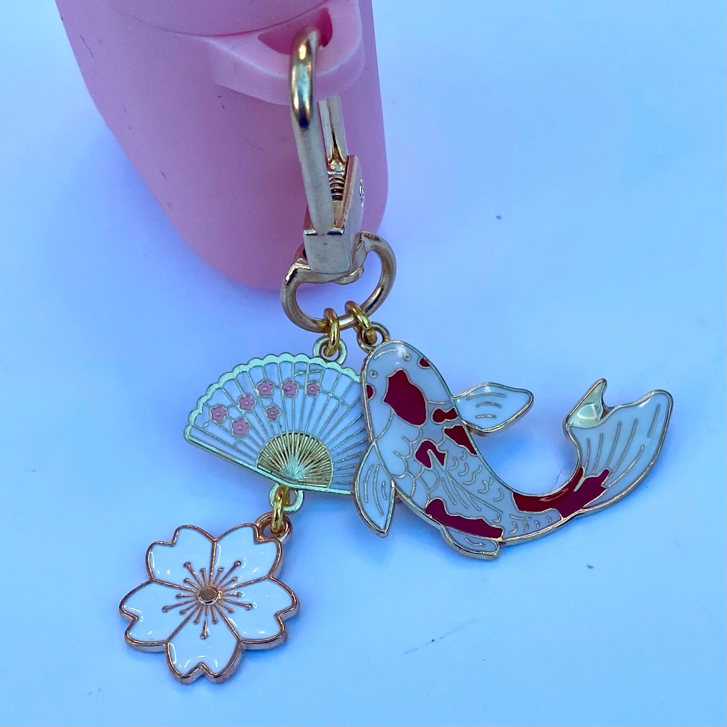 Keyring phone charm pod case clip Japanese style with koi fish fan sakura