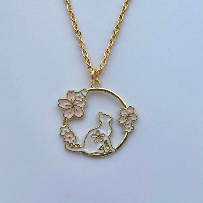 Kawaii moon cat sakura anime necklace gold chain cat lovers Japanese gift