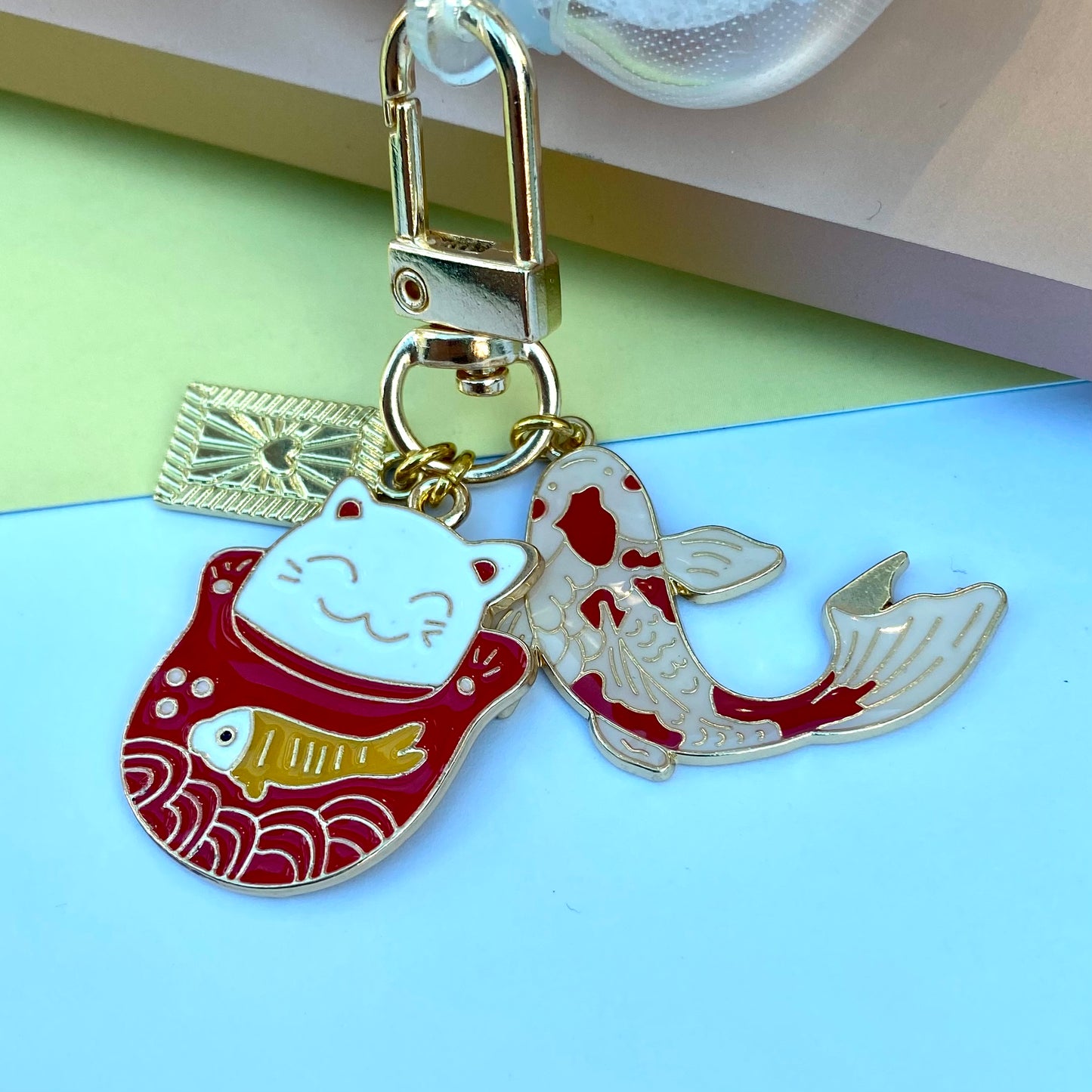 Lucky cat maneki neko koi fish keyring keychain Japanese phone charm travel safety anime chinese waving cat