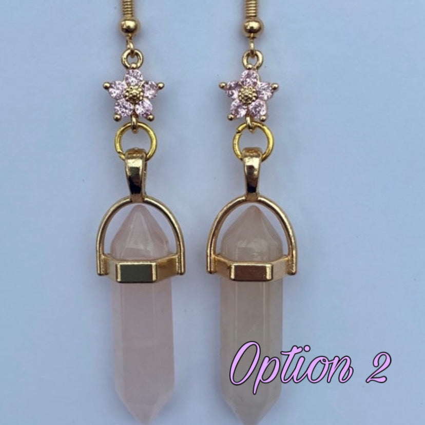 Rose crystal healing stone earrings  pillar with flower crystal gemstone gold chain