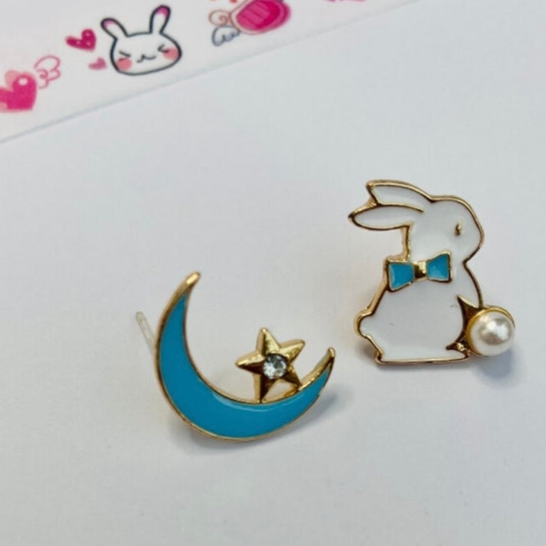 kawaii  blue moon star anime bunny stud earrings korean japanese style