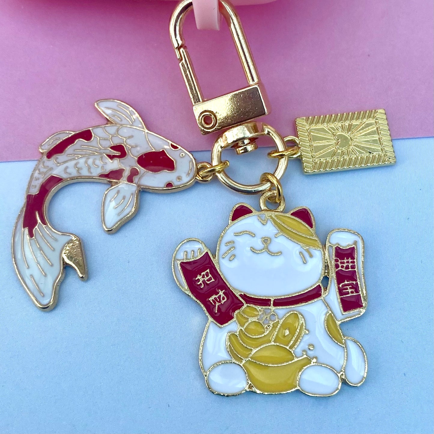 Lucky cat maneki neko koi fish keyring keychain phone case charm travel safety anime waving lunar money