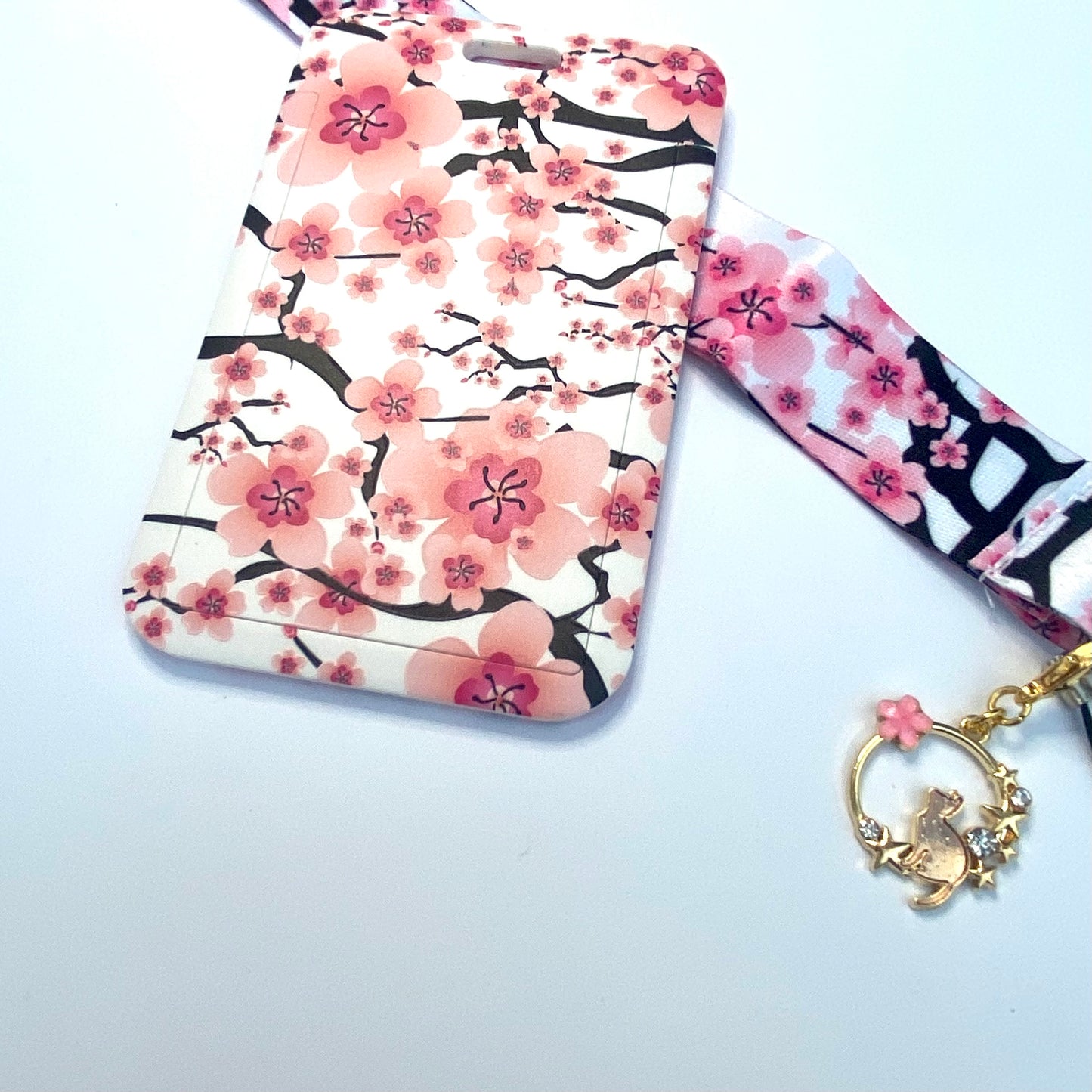 Kawaii ID badge holder with matching lanyard, travel pass holder bank credit card carry cover,  sakura cherry blossom keyring