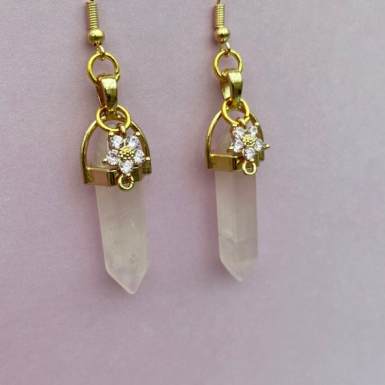 Rose crystal healing stone earrings  pillar with flower crystal gemstone gold chain