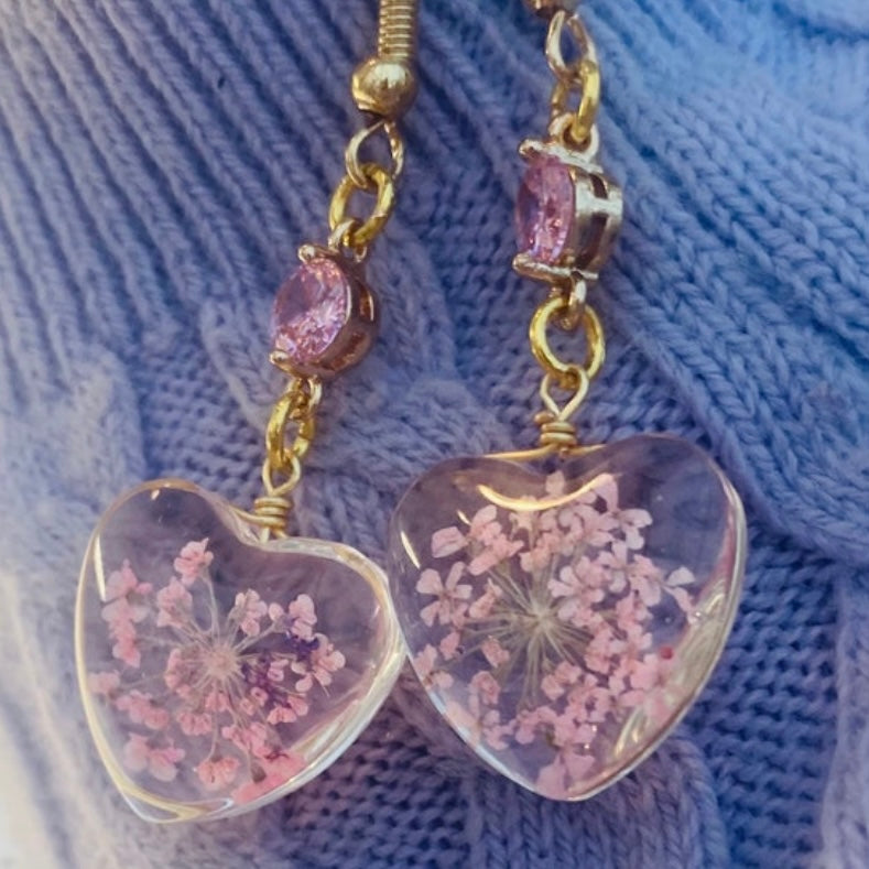 Pink resin heart earrings Sakura earrings dried flower cherry blossom earrings