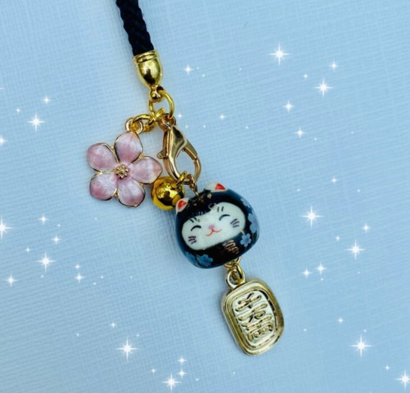 Maneki neko Phone charm lucky waving cat ear bud tie with sakura flower