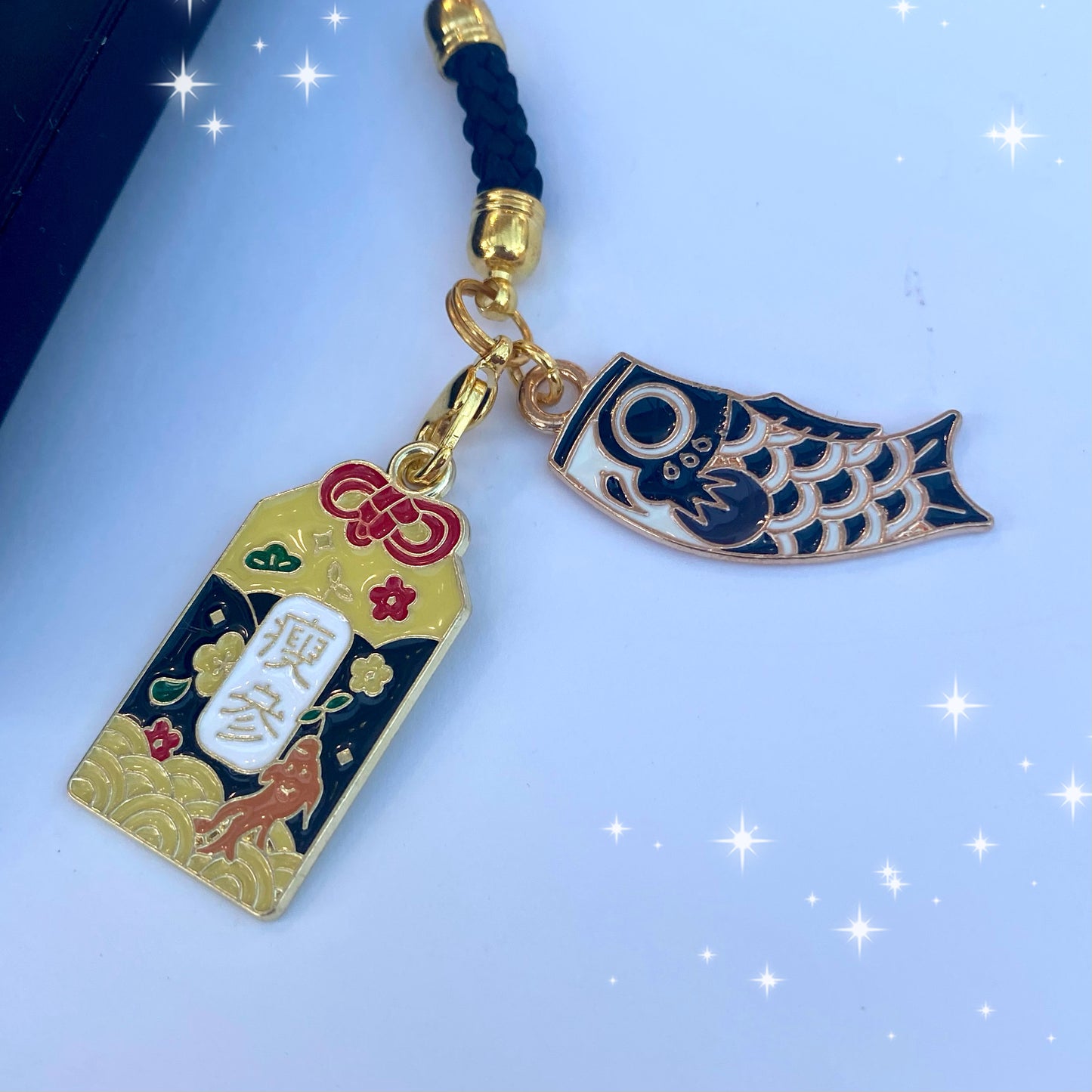 Japanese Omamori phone case rope charm with lucky black koi fish amulet key tie lanyard