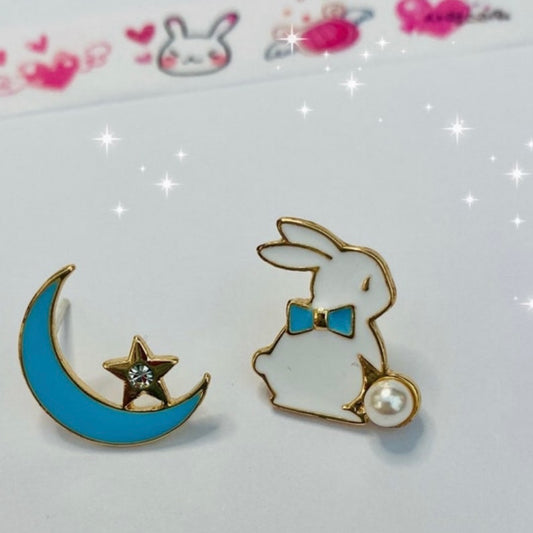 kawaii  blue moon star anime bunny stud earrings korean japanese style