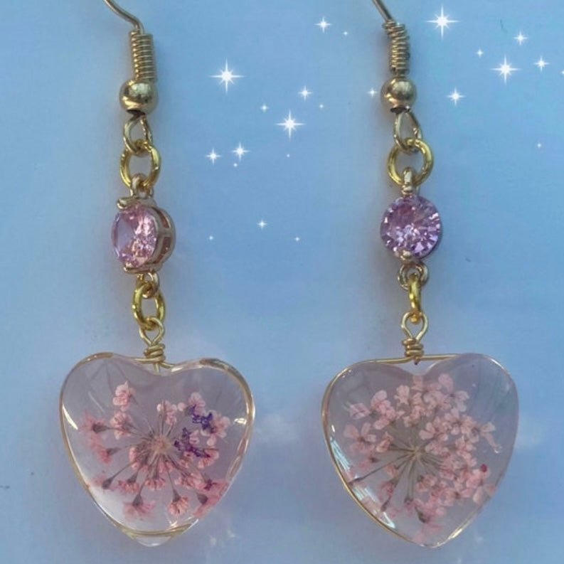 Pink resin heart earrings Sakura earrings dried flower cherry blossom earrings