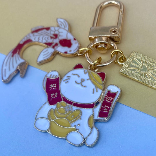 Lucky cat maneki neko koi fish keyring keychain phone case charm travel safety anime waving lunar money