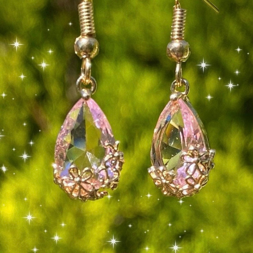 clear pink gemstone sakura flower gold embossed earrings dangle 