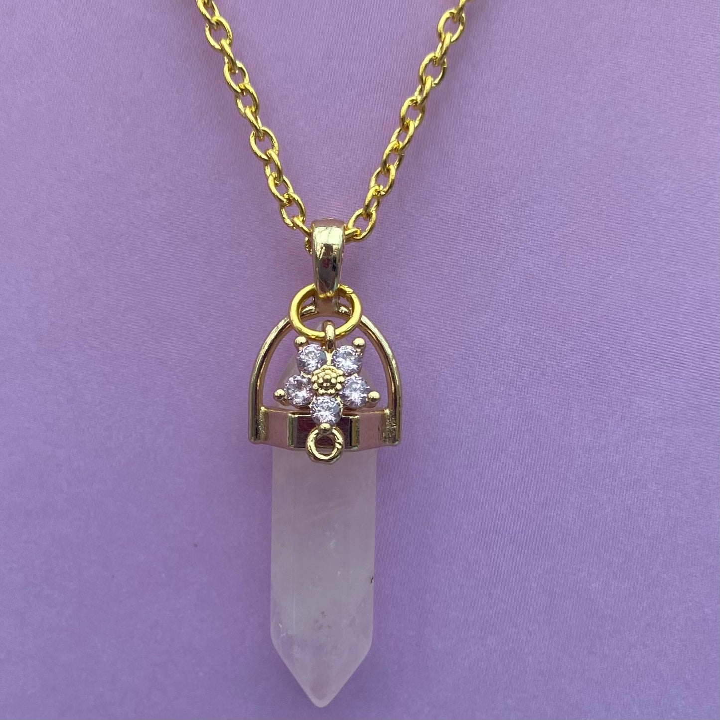 Rose crystal healing stone necklace pillar with flower crystal gemstone gold chain