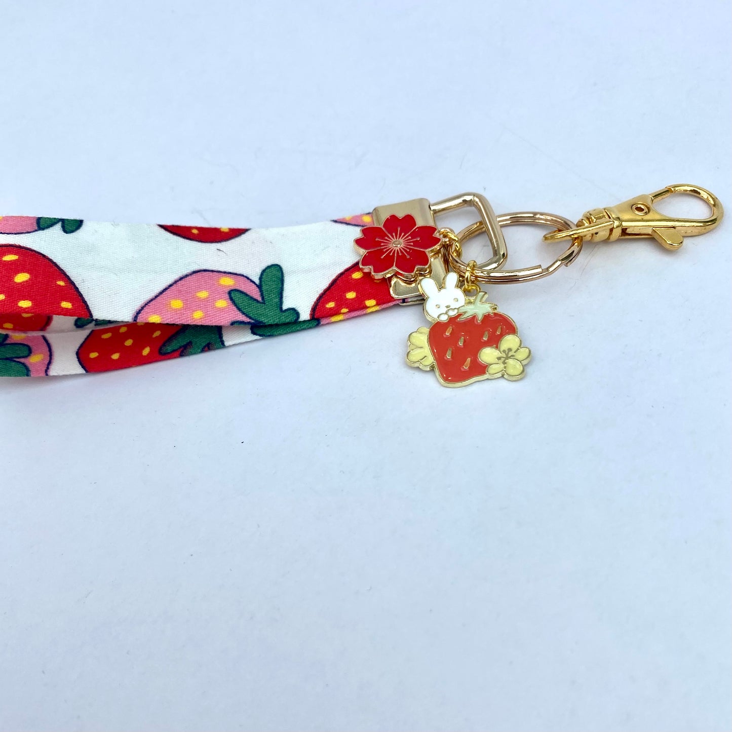 Japanese Strawberry bunny keychain short wrist strap keyfob  lanyard