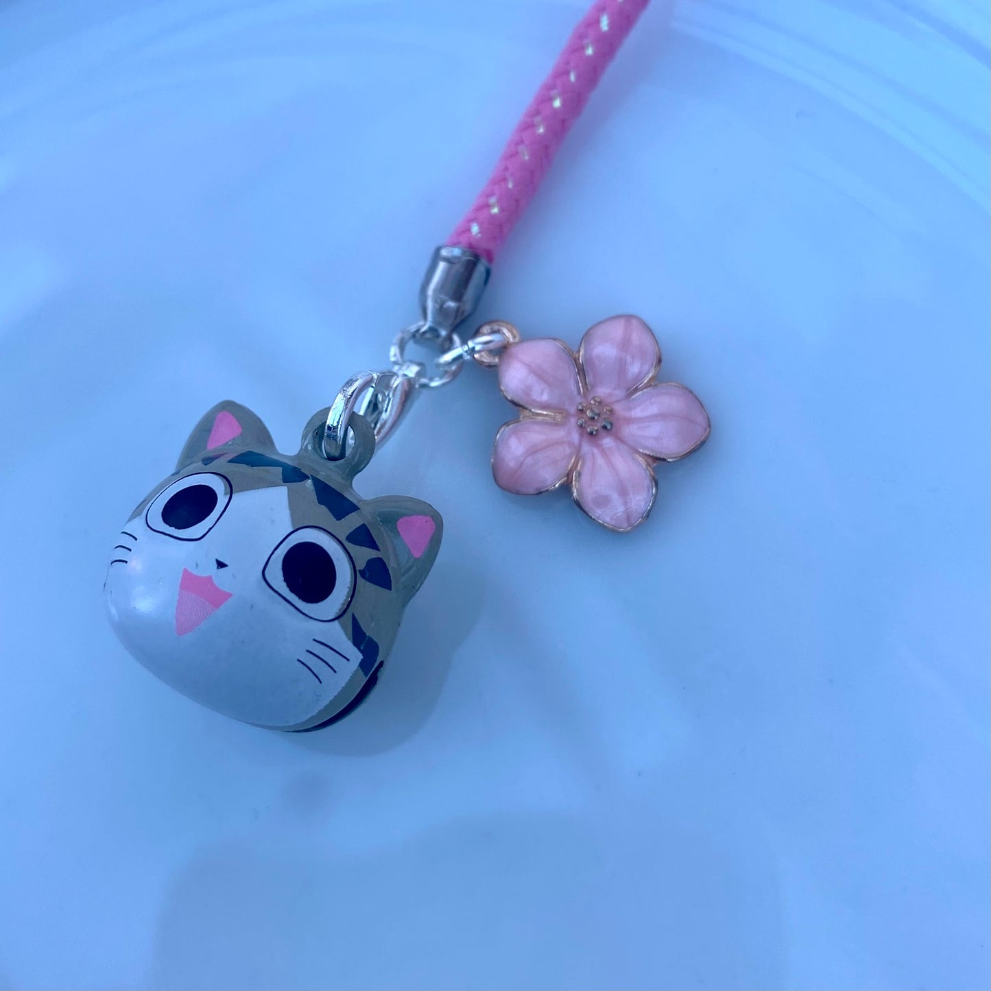 Anime cat bell Phone charm ear bud rope tie with sakura flower