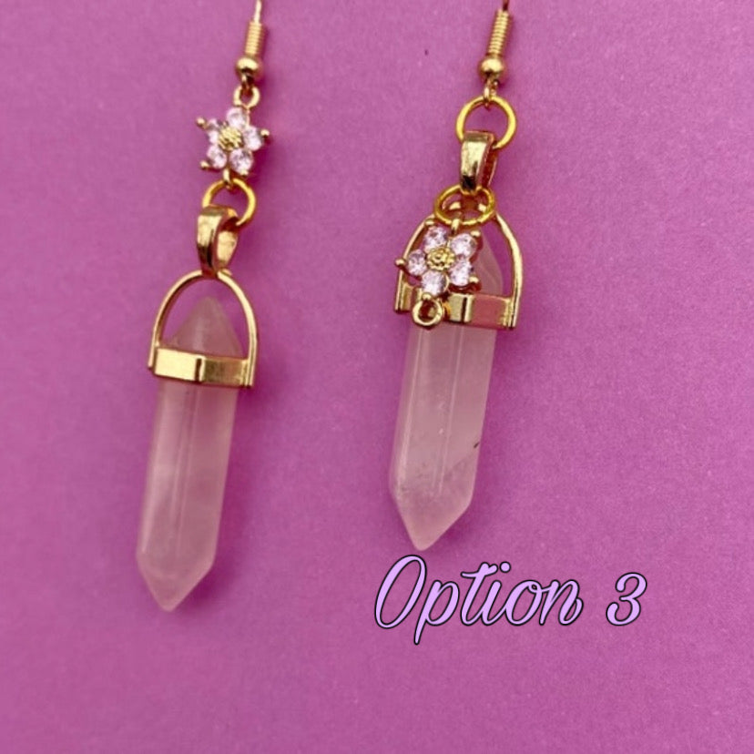 Rose crystal healing stone earrings  pillar with flower crystal gemstone gold chain