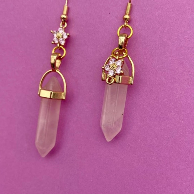 Rose crystal healing stone earrings  pillar with flower crystal gemstone gold chain