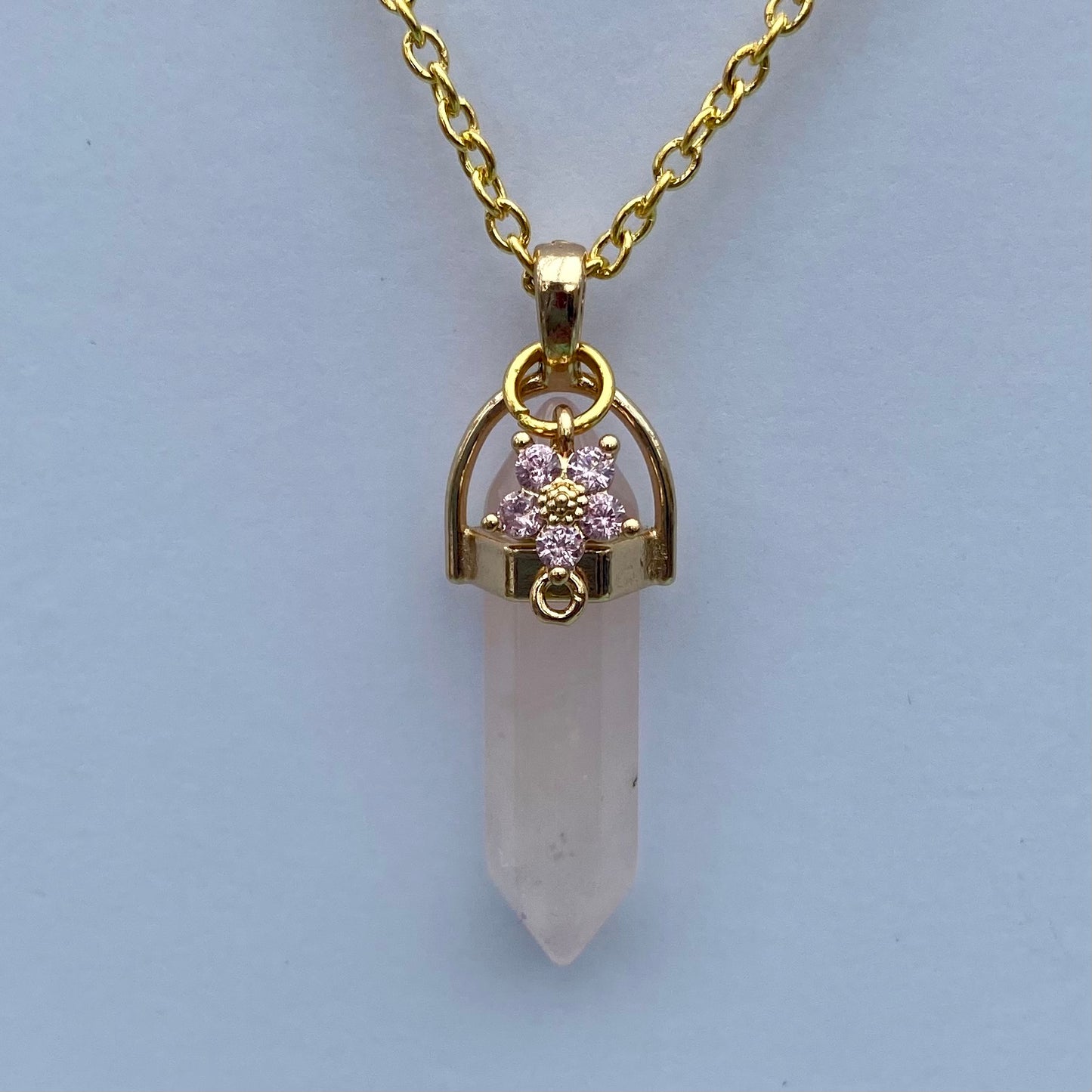 Rose crystal healing stone necklace pillar with flower crystal gemstone gold chain