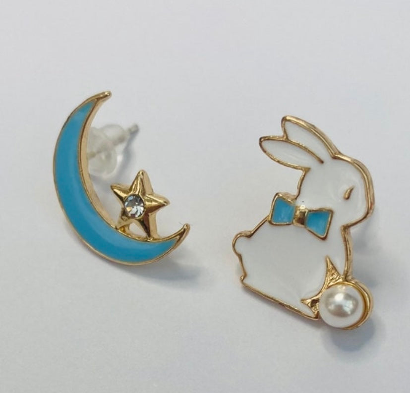 kawaii  blue moon star anime bunny stud earrings korean japanese style