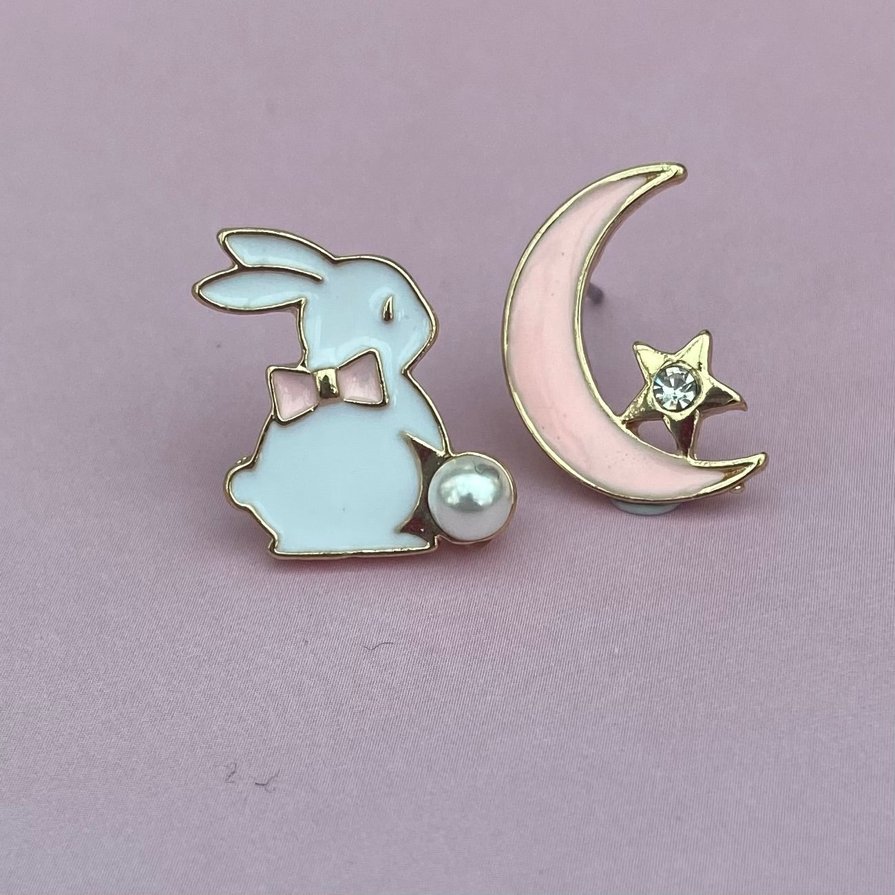 kawaii pink moon star anime bunny bow pearl stud earrings korean style