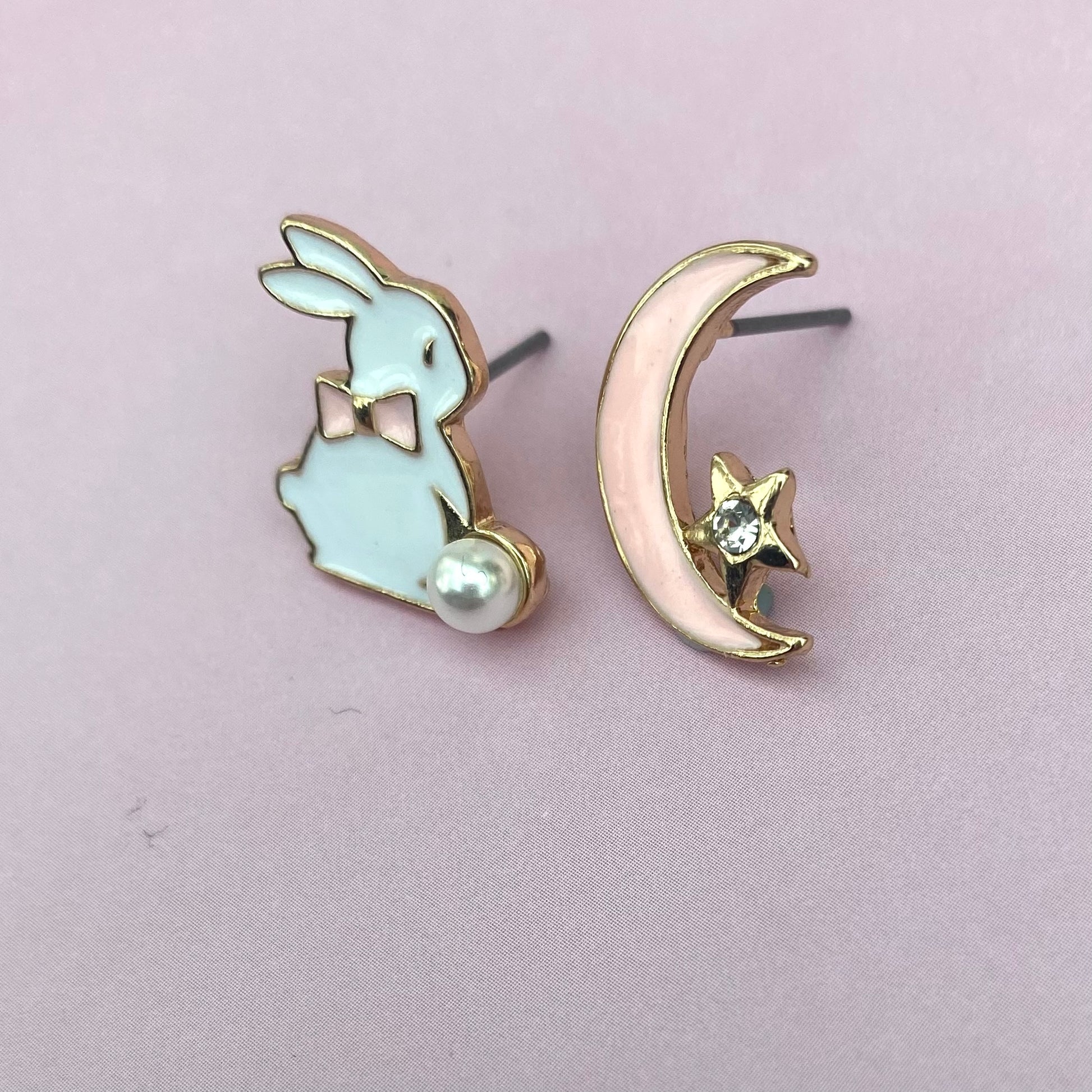 kawaii pink moon star anime bunny stud earrings  korean japanese style