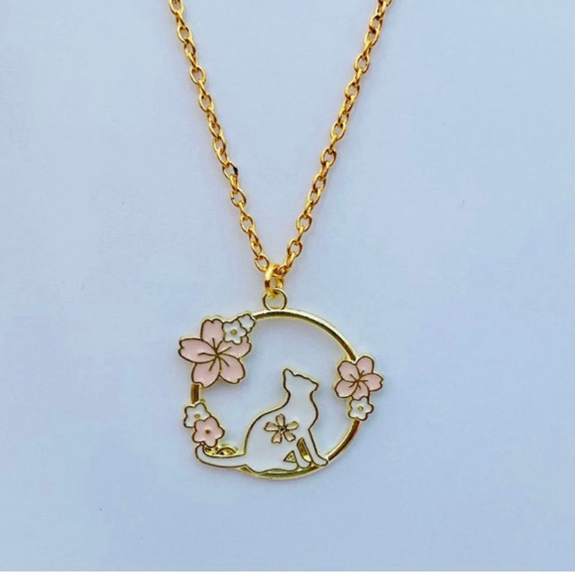 Kawaii moon cat sakura anime necklace gold chain cat lovers Japanese gift