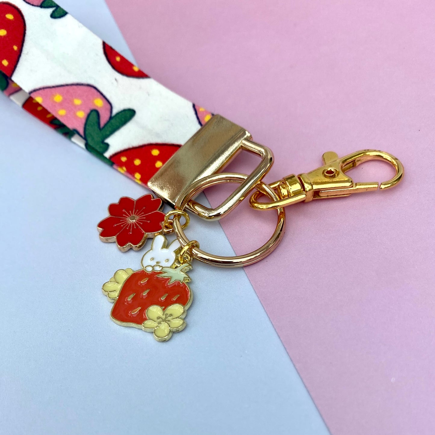 Japanese Strawberry bunny keychain short wrist strap keyfob  lanyard