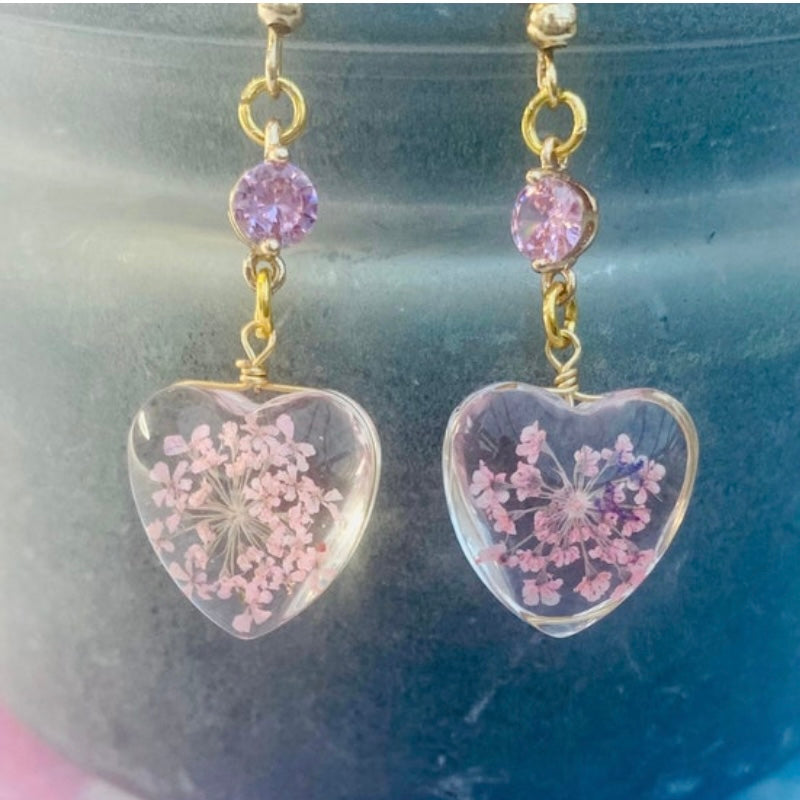 Pink resin heart earrings Sakura earrings dried flower cherry blossom earrings