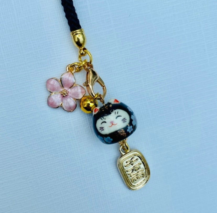 Maneki neko Phone charm lucky waving cat ear bud tie with sakura flower