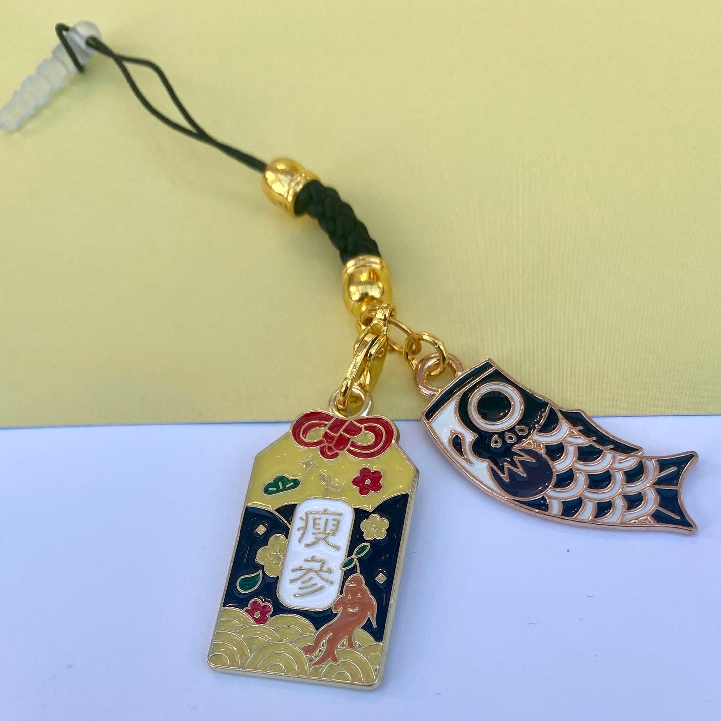 Japanese Omamori phone case rope charm with lucky black koi fish amulet key tie lanyard