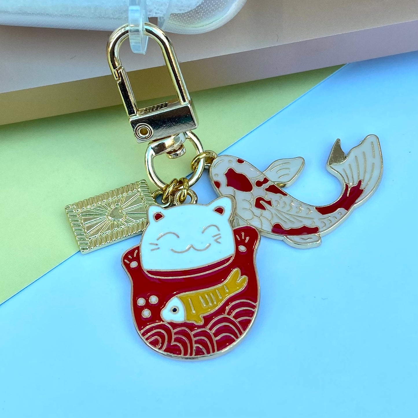 Lucky cat maneki neko koi fish keyring keychain Japanese phone charm travel safety anime chinese waving cat