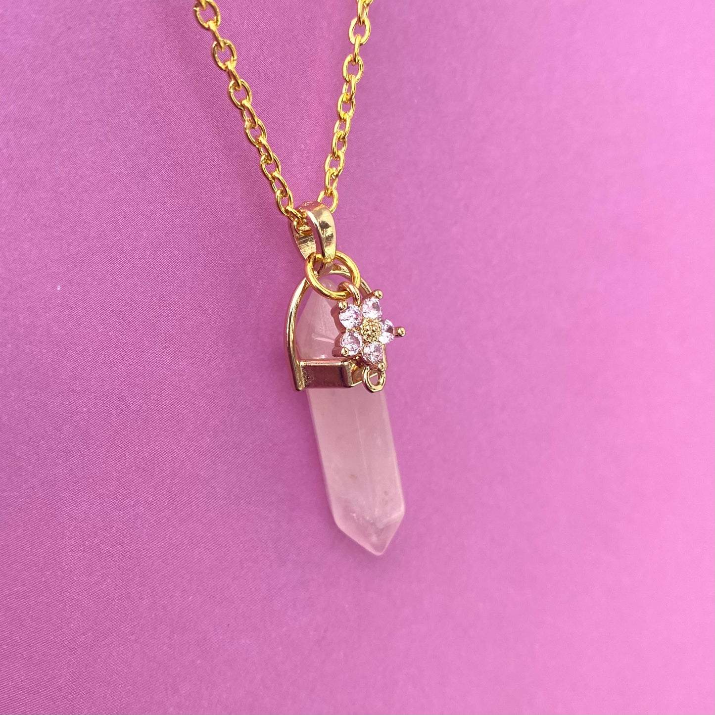 Rose crystal healing stone necklace pillar with flower crystal gemstone gold chain