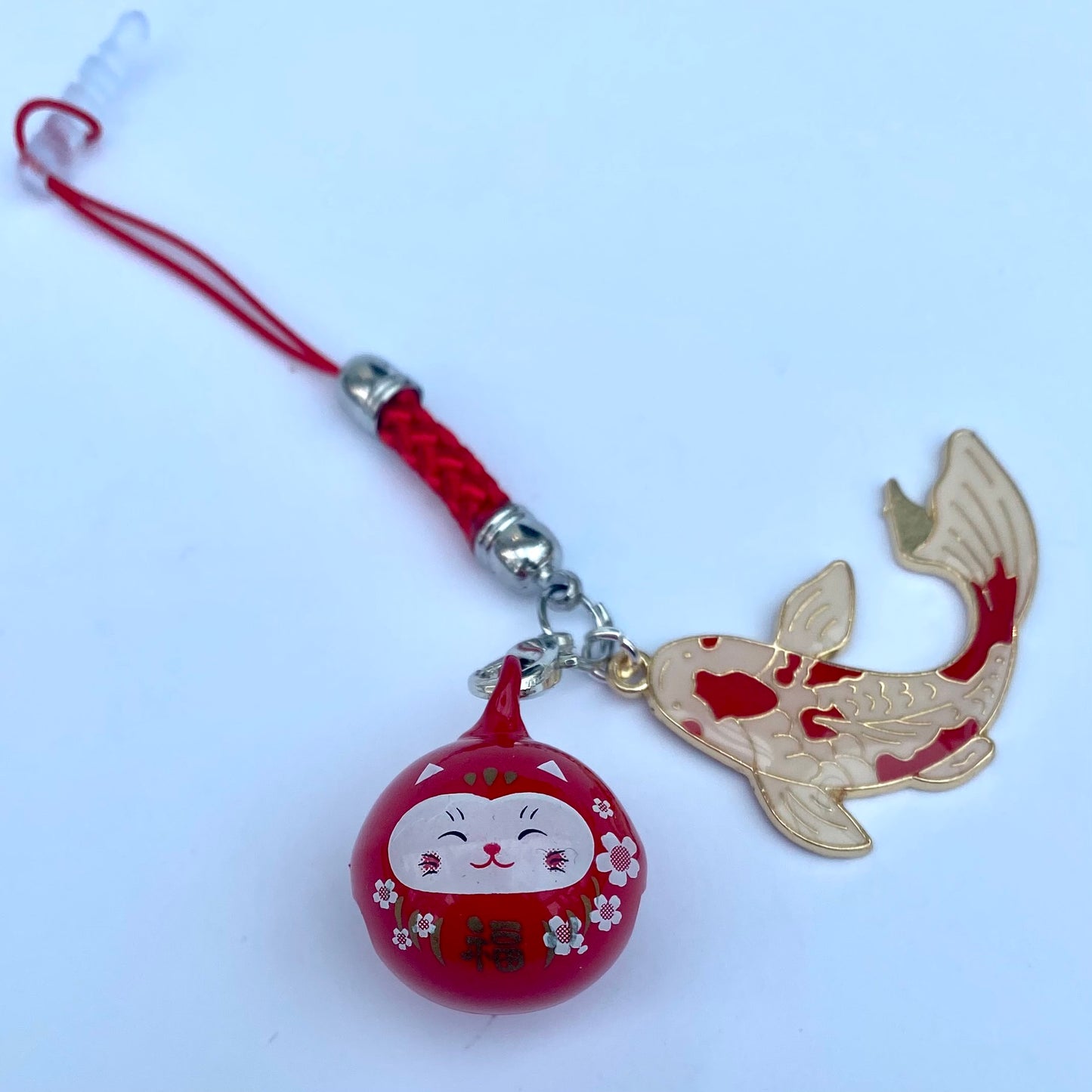 Kawaii red cat bell phone case charm sakura lucky waving cat maneki koi fish rope